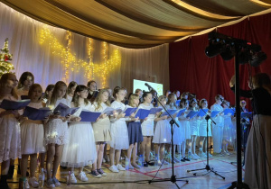 Na zdjęciu widać uczniów naszej szkoły - wokalistów zespołu "The Voice" podczas koncertu, na tle świątecznego wystroju sali gimnastycznej.