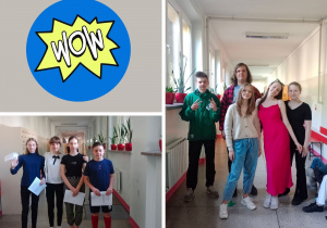 Na zdjęciu widać uczniów stojących na korytarzu w stylizacjach ulubionych postaci.